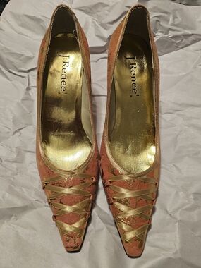 J.Renee Coral Brocade Pointed Toe Pumps with Gold Lacing